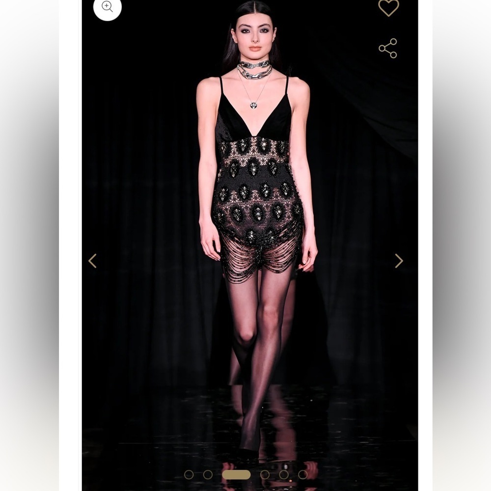 NWT PATBO black velvet fringe mini dress hand beaded rhinestone crochet Gatsby